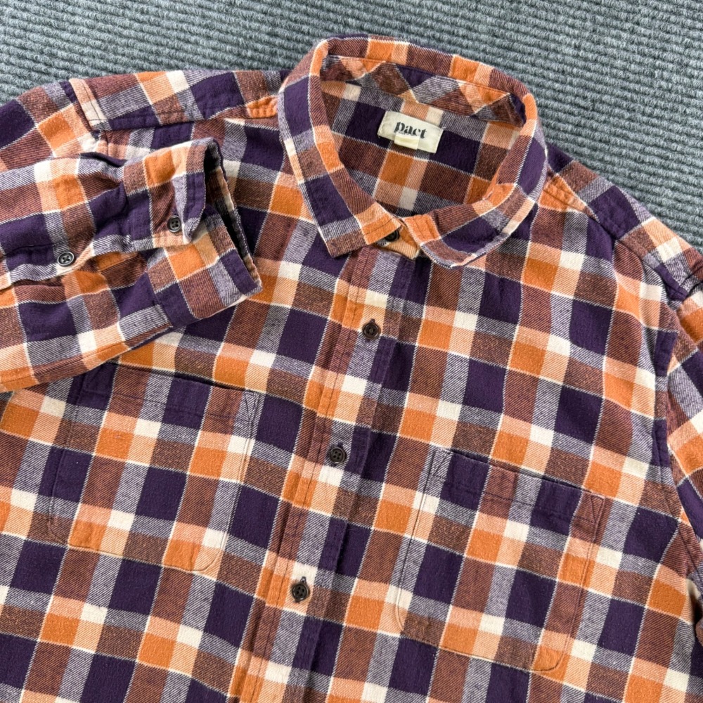 Pact Purple Orange White Plaid Button Down Flannel Shirt Mens XL Organic Cotton